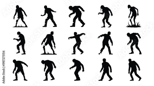 Silhouettes of people performing various dynamic dance and skateboarding moves in a grid layout showcasing motion and energy in a minimalist black and white design