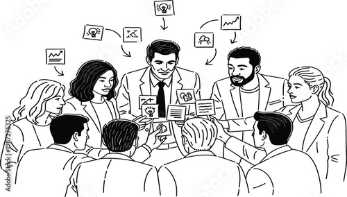 Group of businesspeople sitting around a table in a meeting with charts and graphs