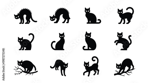 Set of 12 black silhouette cats in playful and mischievous poses featuring dynamic movements and expressive stances isolated on a clean white background for versatile design use