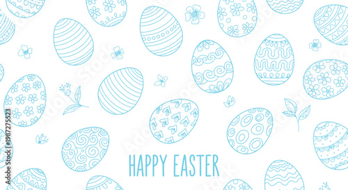 Pastel easter egg pattern with 'happy easter' text a spring silhouette