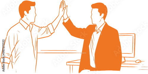 A professional business people sitting on office chairs work together at a table using a laptop in this vector cartoon illustration