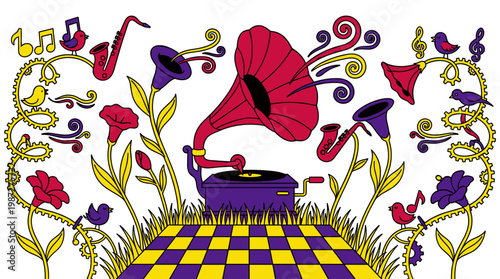 Musical Instrument Flower Garden with Gramophone Bloom Pop Surrealism Flat Illustration with Bold Outlines