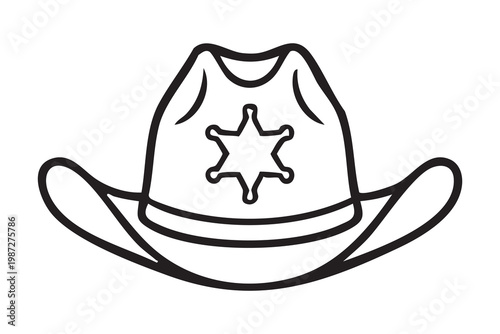 Sheriff hat with star emblem commanding western law aesthetic, bold line art depiction of classic stetson brim and badge, ideal for branding, costume design, signage, or editorial use, clean