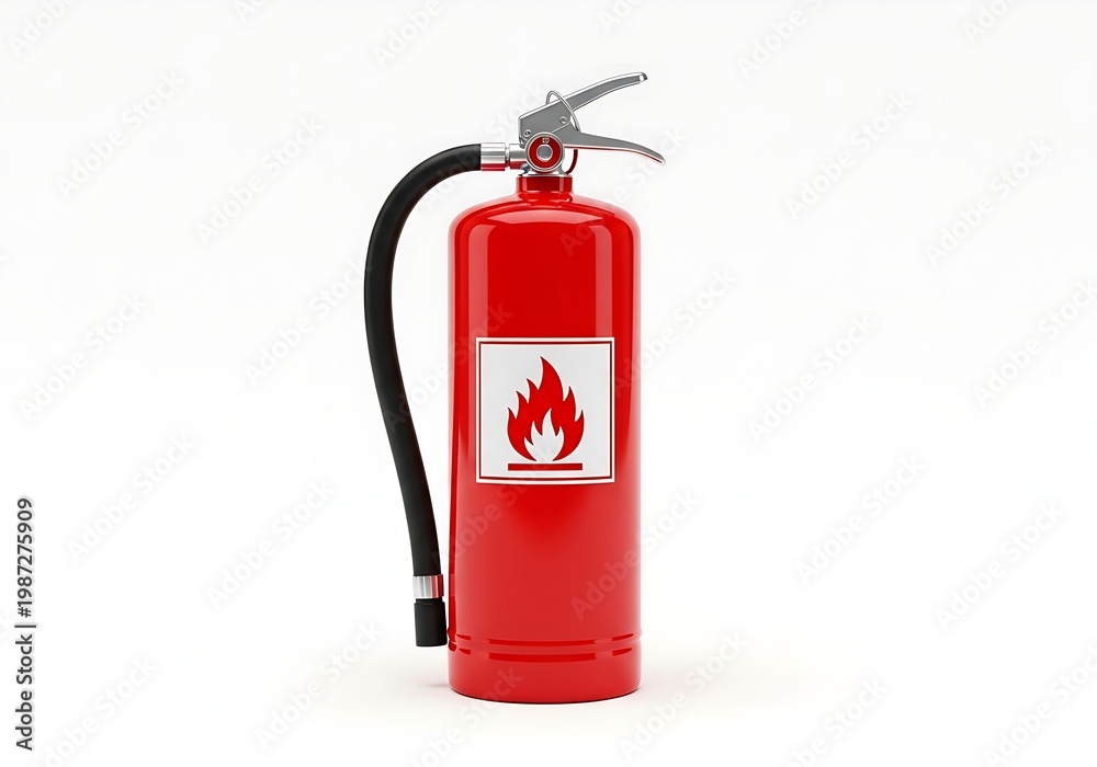 Fototapeta premium Industrial safety equipment showing a red fire extinguisher with a discharge hose isolated on a solid white surface.