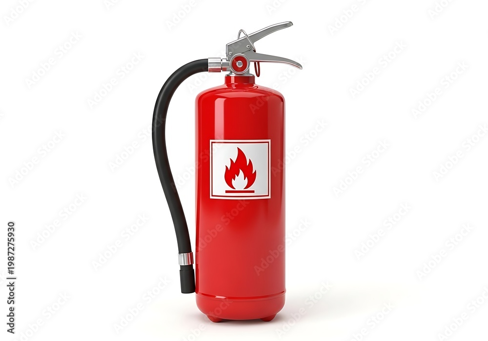 Obraz premium Portable emergency fire extinguisher with a glossy red finish and black nozzle hose isolated on a white background.