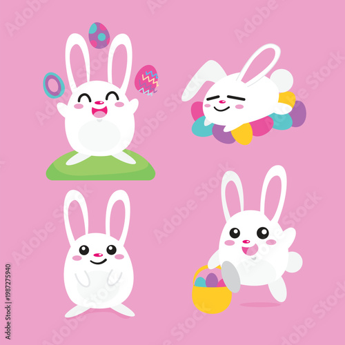 Four cute white bunnies on pink background with easter eggs