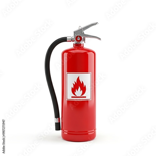 Classic red fire extinguisher featuring a flame icon label and safety pin set against a minimalist white backdrop.