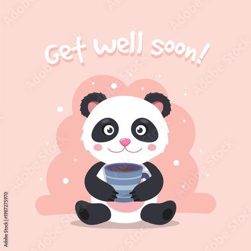 A panda holding a bowl with a get well soon message