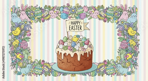 Easter-themed illustration with bunnies, eggs, and cake