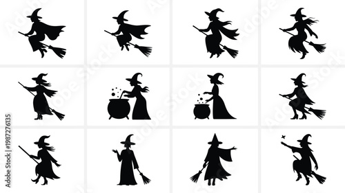 Silhouettes of witches flying on brooms with cauldrons and magical elements in minimalist black and white style