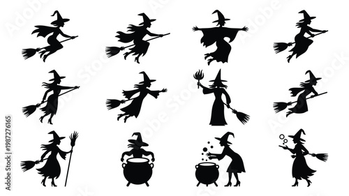 Playful halloween silhouettes of witches flying on brooms and stirring cauldrons in a whimsical spooky scene with dynamic poses and bold black shapes