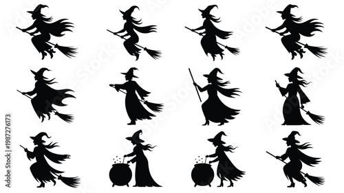 Silhouettes of witches flying on brooms and holding magical props with flowing cloaks and pointed hats in a halloween theme