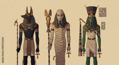 Egyptian god Anubis with staff and ankh