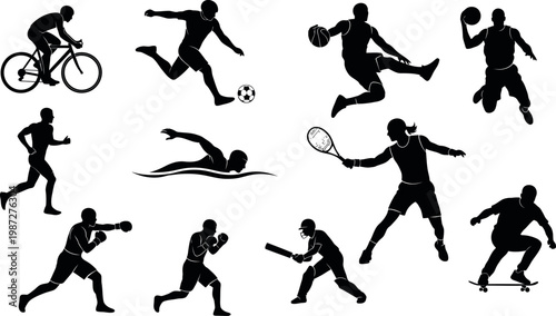Vector silhouettes of people playing soccer with a ball in dynamic sports action p