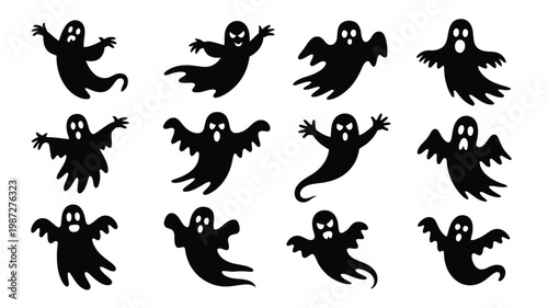 Playful ghost silhouettes floating in various poses expressing spooky yet whimsical halloween spirit