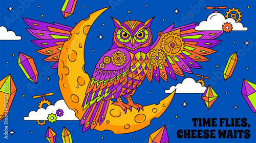 Celestial Mechanical Owl Perched on Cheese Moon Pop Surrealism Flat Illustration with Bold Outlines