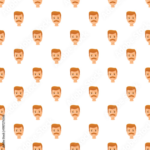 Repeating pattern showing cartoon man faces with ginger hair and mustache on a white background