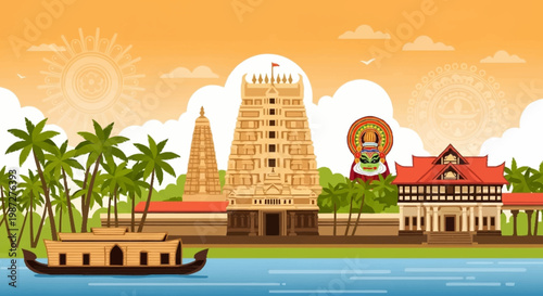 Traditional Indian houseboat on a tropical river with temples and palm trees