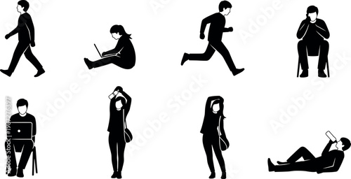 Vector silhouettes of women and people dancing, running, and playing sports showing fitness, movement, and human body figures in black illustration sty