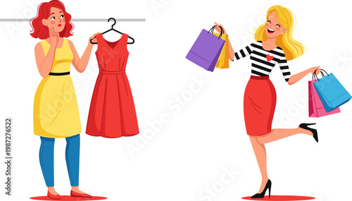 Fashion Shopping Illustration Featuring a Woman Trying on Dresses and Carrying Shopping Bags, Perfect for Retail and Style Themes
