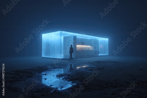 Lone figure observes illuminated minimalist kitchen within a glowing blue cube