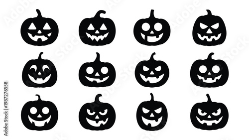 Photos Set of playful and spooky black halloween pumpkin faces with varied expressions