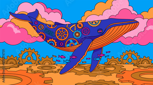 Massive Majestic Clockwork Whale Over Desert Gears Pop Surrealism Flat Illustration With Bold Outlines