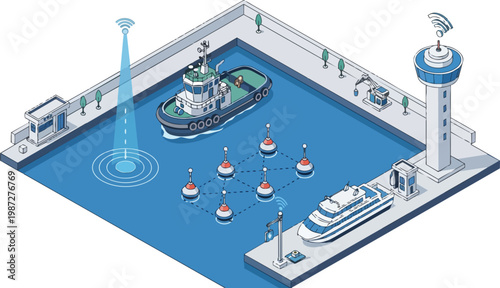 Smart Port Concept Isometric Illustration with IoT Connected Buoys, Automated Ships, and Maritime Control Tower for Logistics and Transportation Technology