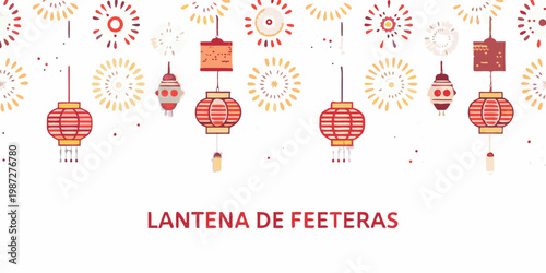 Festive illustration of chinese lanterns and vibrant firework displays