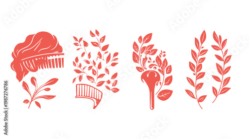 Stylized coral-colored illustrations of natural elements and grooming tools on a clean white backdrop