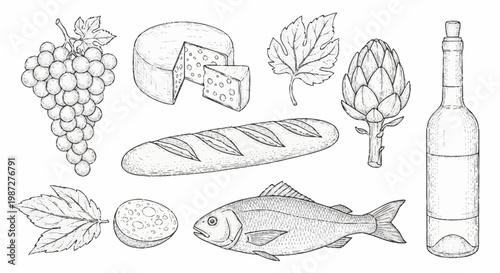 Sketch of Food and Drink Elements - Grapes, Cheese, Bread, Fish, Wine.