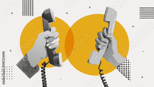 Two hands holding vintage telephone handsets against a geometric backdrop