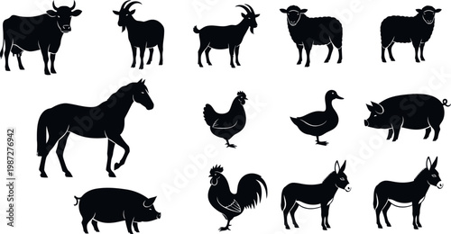 A collection of black vector silhouettes featuring a set of wild and farm animals like horses, dogs, deer, and elephants running in nature
