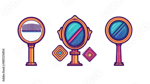 Three cartoon hand mirrors on a white background with a comb, oval, and round mirror designs