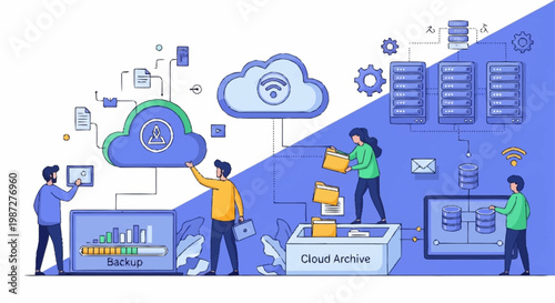 Two men interacting with a large cloud storage icon and computer screen