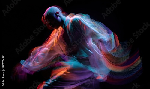 Figure in vibrant, blurred motion against a dark background