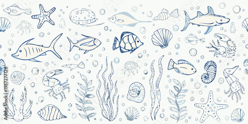 A seamless pattern of hand drawn marine life and ocean elements