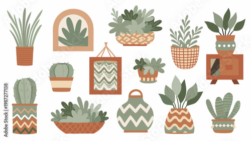A collection of illustrated potted plants and botanical decorative items