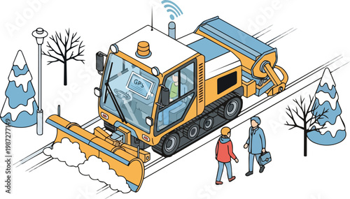 Smart Autonomous Snow Plow Machine with GPS Tracking and Wi-Fi Connectivity Clearing Snowy Path in Winter, Isometric Vector Illustration
