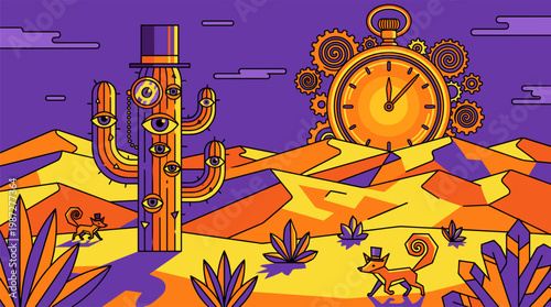 Multi-Eyed Desert Cactus with Top Hat and Floating Pocket Watch Sun Pop Surrealism Flat Illustration with Bold Outlines