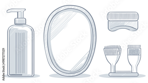 Stylized illustration featuring skincare products bottle, oval mirror, scrub pad and brushes
