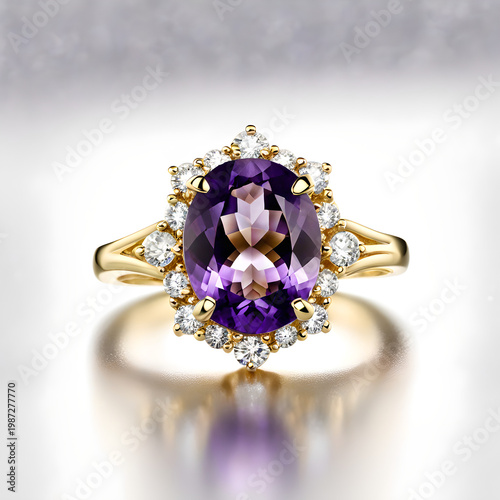 Amethyst Cocktail Ring in Yellow Gold Isolated on White Background