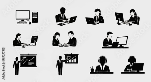 Silhouetted Office Workers Engaged in Various Business Activities.