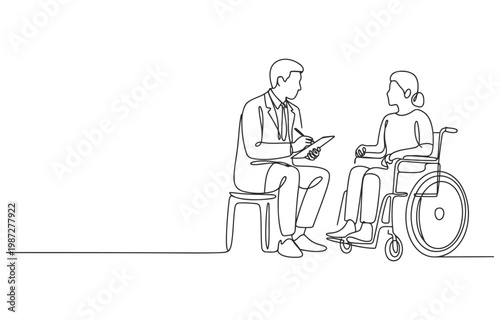 Doctor consulting with patient in a wheelchair line art illustration disability access chronic illness elderly care home care medical examination doctor visit wheelchair user disabled person