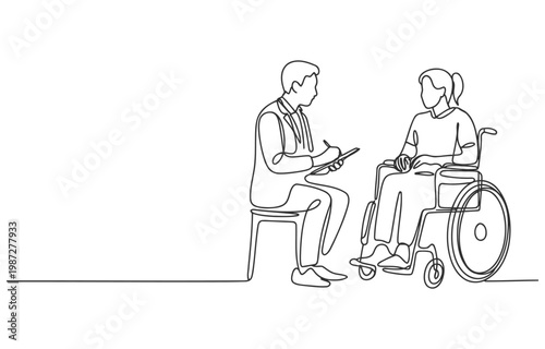 Doctor consulting with patient in a wheelchair line art illustration disability access chronic illness elderly care home care medical examination doctor visit wheelchair user disabled person