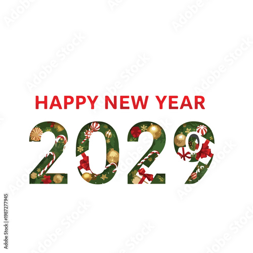 Colorful 2029 Happy New Year celebration card featuring a creative holiday alphabet vector design with decorative numbers and festive text symbols for a seasonal art concept