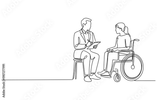 Doctor consulting with patient in a wheelchair line art illustration disability access chronic illness elderly care home care medical examination doctor visit wheelchair user disabled person