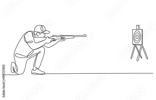 Man in kneeling position aiming a shotgun at a target on tripod in continuous line drawing with line art single kneeling shooting competition illustration recreation outdoors practice