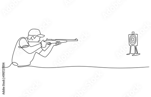 Man aiming shotgun at target continuous line drawing line art single shooting competition illustration recreation outdoors practice marksmanship precision concentration sporting