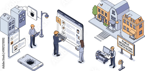 Smart City Infrastructure Maintenance and Public Issue Reporting System Isometric Illustration